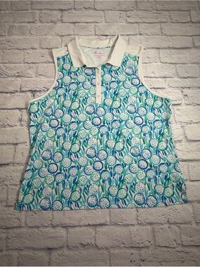 Lillie Green Sleeveless  Polo in White/Blue/Pink  Floral Golf Ball Print. XL.